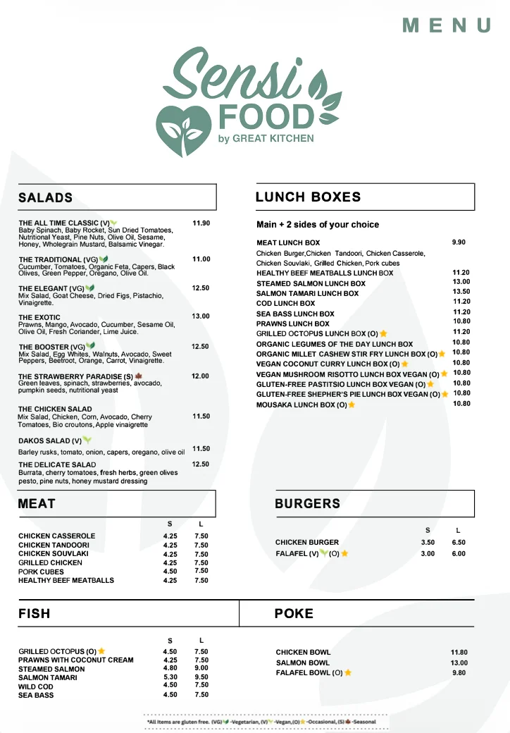Sensi Food Menu Page 1