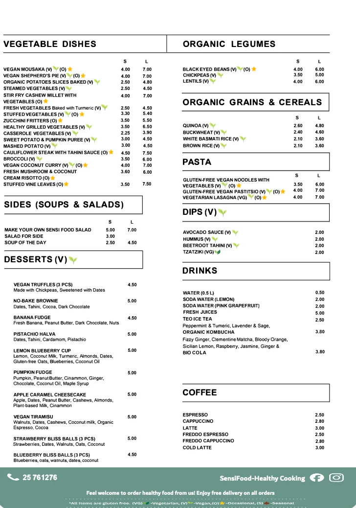 Sensi Food Menu Page 2